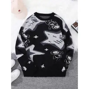 Men’s celebrity and astronaut jacquard crewneck sweater, spring and autumn casual regular long-sleeve pullover, fashionable aesthetic men’s knit sweater, suitable for everyday wear GARMENTARY