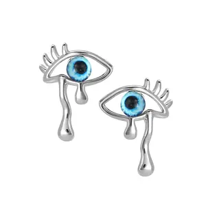 SHEY2K Crying Eye Stud Earrings for Women, Surreal Y2K Statement Jewelry with Blue Iris Design & Dripping Teardrop Frame, Punk Retro E-Girl Earrings for Daily & Night Looks