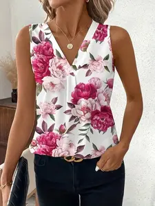 【Plus Size】 Floral Print V Neck Tank Top, Casual Sleeveless Top for Daily Wear, Women's Plus Clothing for Summer