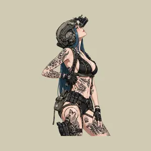 Blue Hair Tactical Wolf Girl Sticker, Military Anime Woman Decal, Vinyl Laptop Car Helmet Gift Art