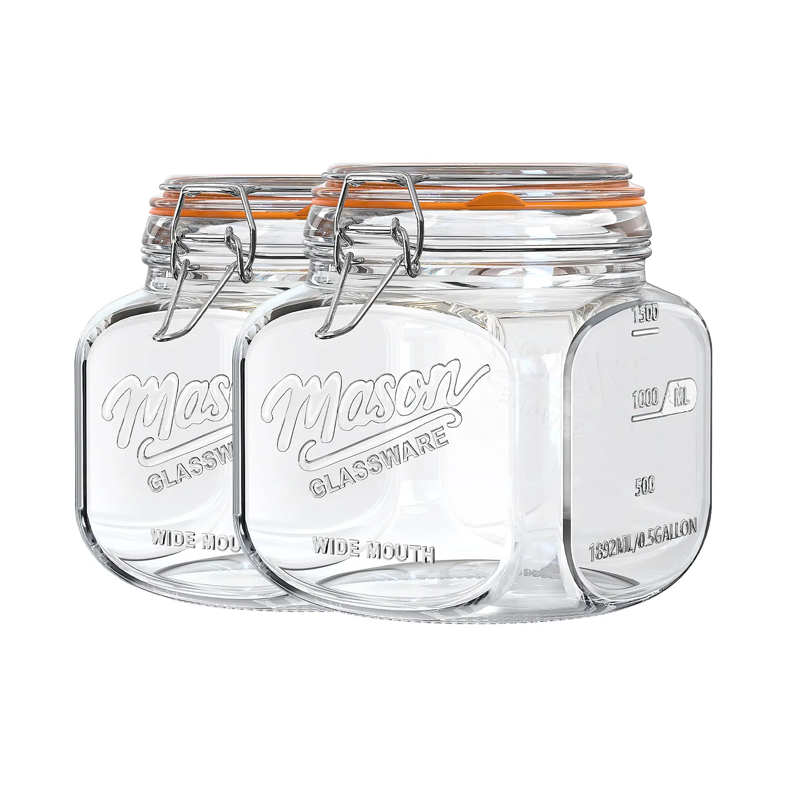 Kitchen Retro Utensils 2-Pc 64 Oz Wide Mouth Square Airtight Mason Jars with Hinged Lids, Food Storage Containers with 2 Scale Marks for Flour, Coffee