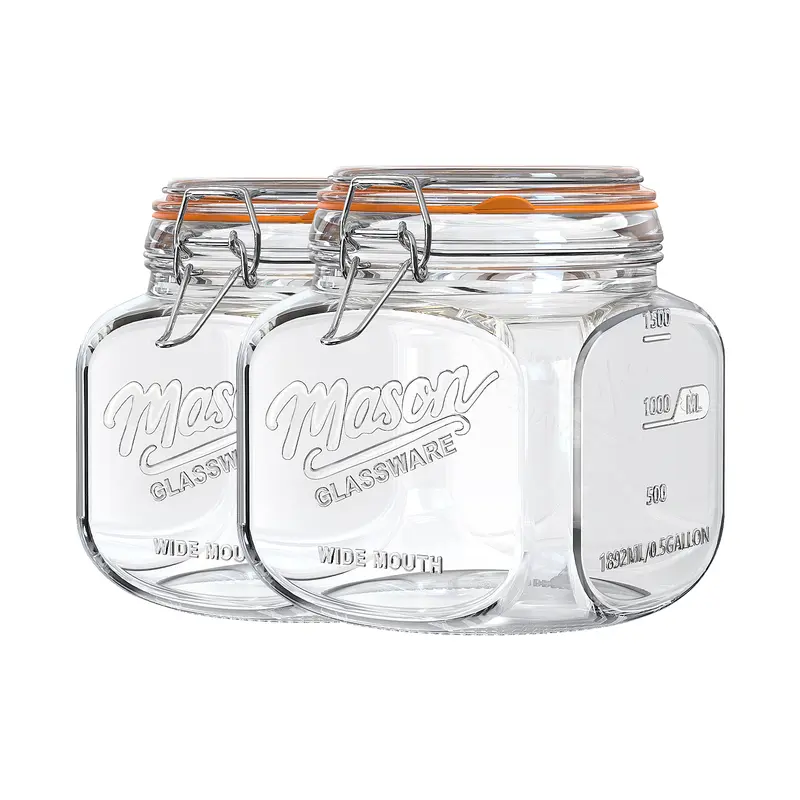 Syntic Retro 64oz Wide Mouth Square Mason Jars (2-Piece) with Hinged Silicone-Sealed Airtight Lids, Aesthetic 1-Gallon Equivalent Kitchen Food & Utensils Storage Containers with 2 Scale Marks for Cold Storage