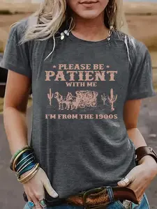 Women's Skeleton & Cactus Print Round Neck Tee, Fashion Casual Short Sleeve T-shirt for Daily Holiday Vacation Outdoor Wear, Ladies Clothes for Summer, Top