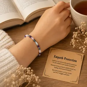 Empath Protection Beaded Bracelet - Rose Quartz, Amethyst, Hematite Crystals, Adjustable, with Message Card, Women's Calming Reminder Costume Jewelry Gift for Loved Ones