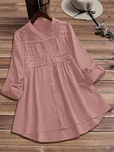 Plus Size Women's Lace Trim Patchwork Shirt, Casual Basic Fashion Blouse with Contrast Binding, Elegant Ladies Top for Daily Wear