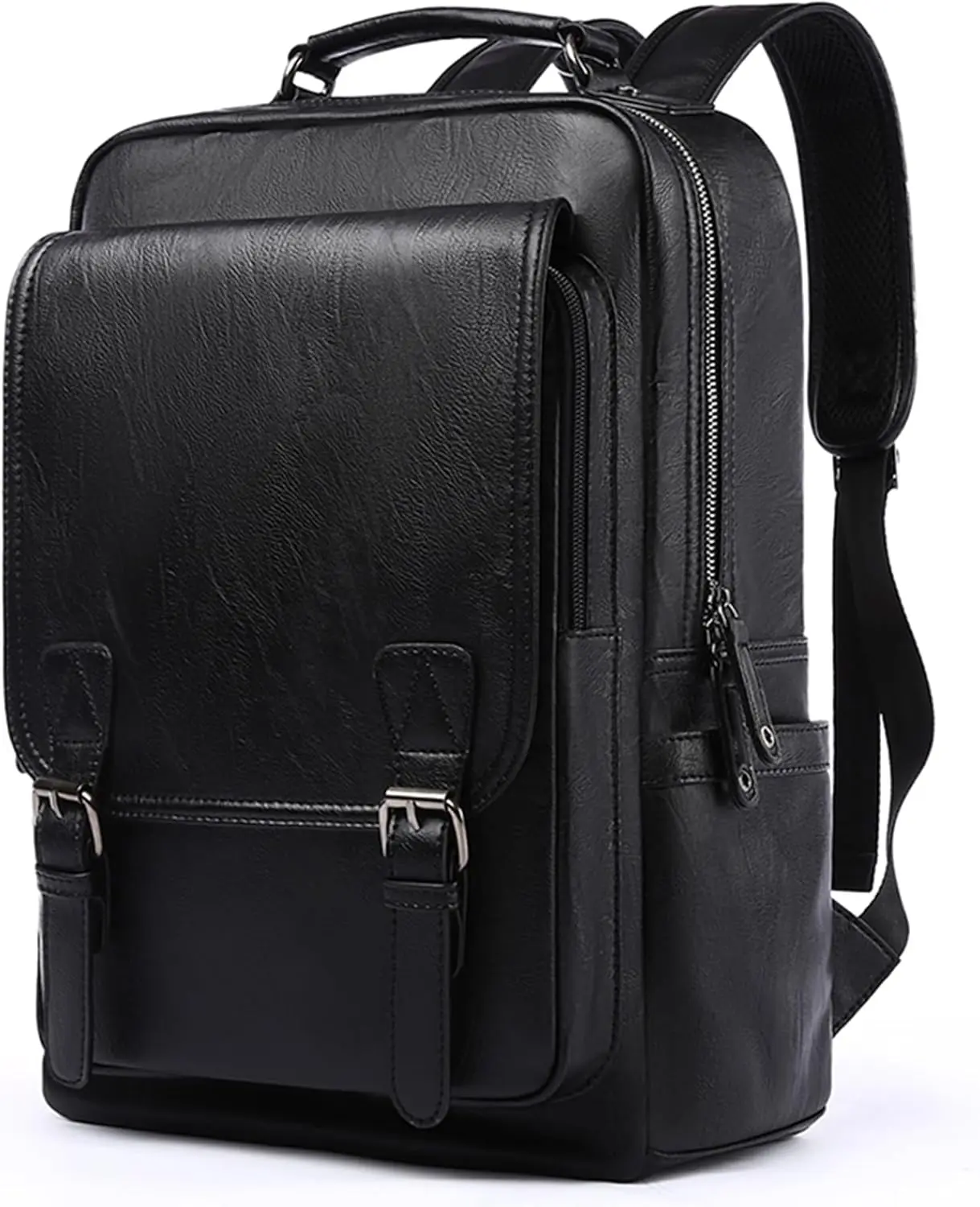 Leather Backpack fits 15.6 Inch Laptop  Backpack  Flap Bookbag for Men Leather Travel Backpack for Men Casual Knapsack Black