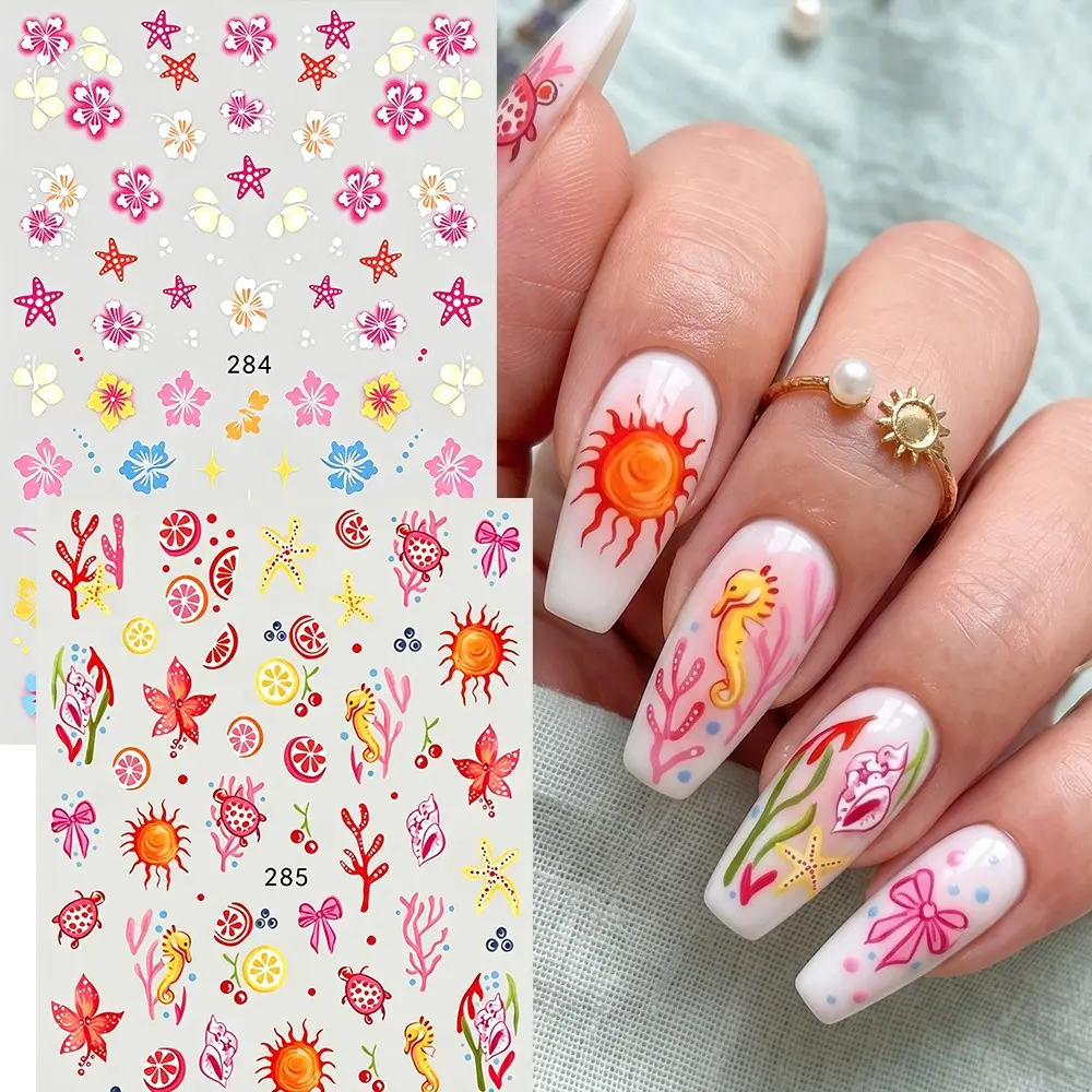 2 Sheets Summer Hibiscus Ocean Nail Stickers, Jasmine Flower, Starfish, Coral, Seahorse Designs Nail Decals, DIY Vacation Nail Art Decorations