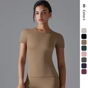 New solid color double-sided brushed high-elastic tight-fitting breathable yoga shirt with short sleeves for sports, running, and fitness