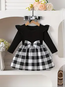 Baby Girl Autumn Cute Bow Little Flying Sleeve Black Square Grid Round Neck Dress, Baby Girl Skirt, Elegant and Cute Fashion Style, Casual Dress Suitable for Outing, Party or Special Occasion Dress