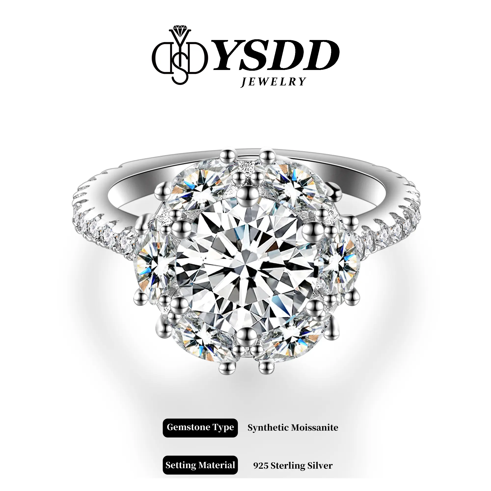 【#256 Dahlia】2Carat Round Flower Halo Synthetic Moissanite Ring in 925 Sterling Silver