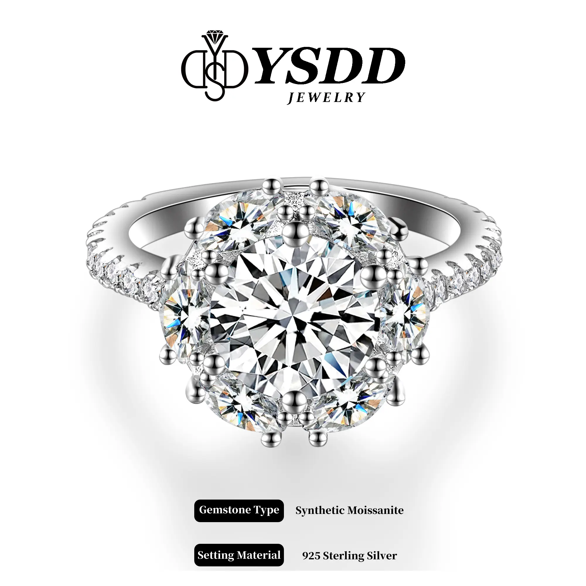 【#256 Dahlia】2Carat Round Flower Halo Synthetic Moissanite Ring in 925 Sterling Silver