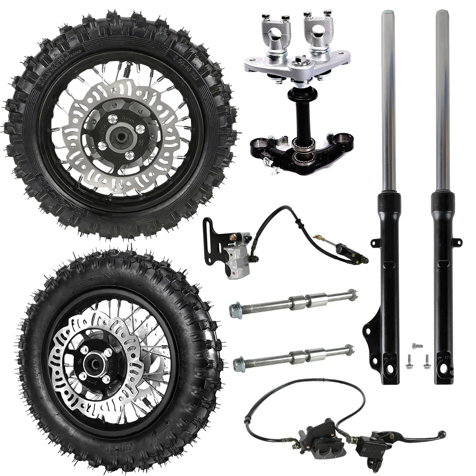 10" Dirt Bike Wheel Complete Kit – 2.50-10 Front 3.00-10 Rear Tire Assembly with 20.5 Inch Front Fork, Triple Tree, Brake Caliper, Axle – for Mini Pit Bike Offroad Motorcycle CRF50 XR50 TTR50 PW50