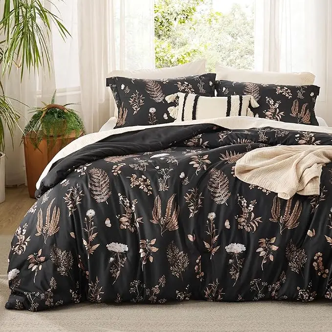 Bedsure 3 Pieces Cute Floral Bedding Comforter Set -Soft Bed Set, 1 Soft Reversible Botanical Flowers Comforter and 2 Pillow Shams