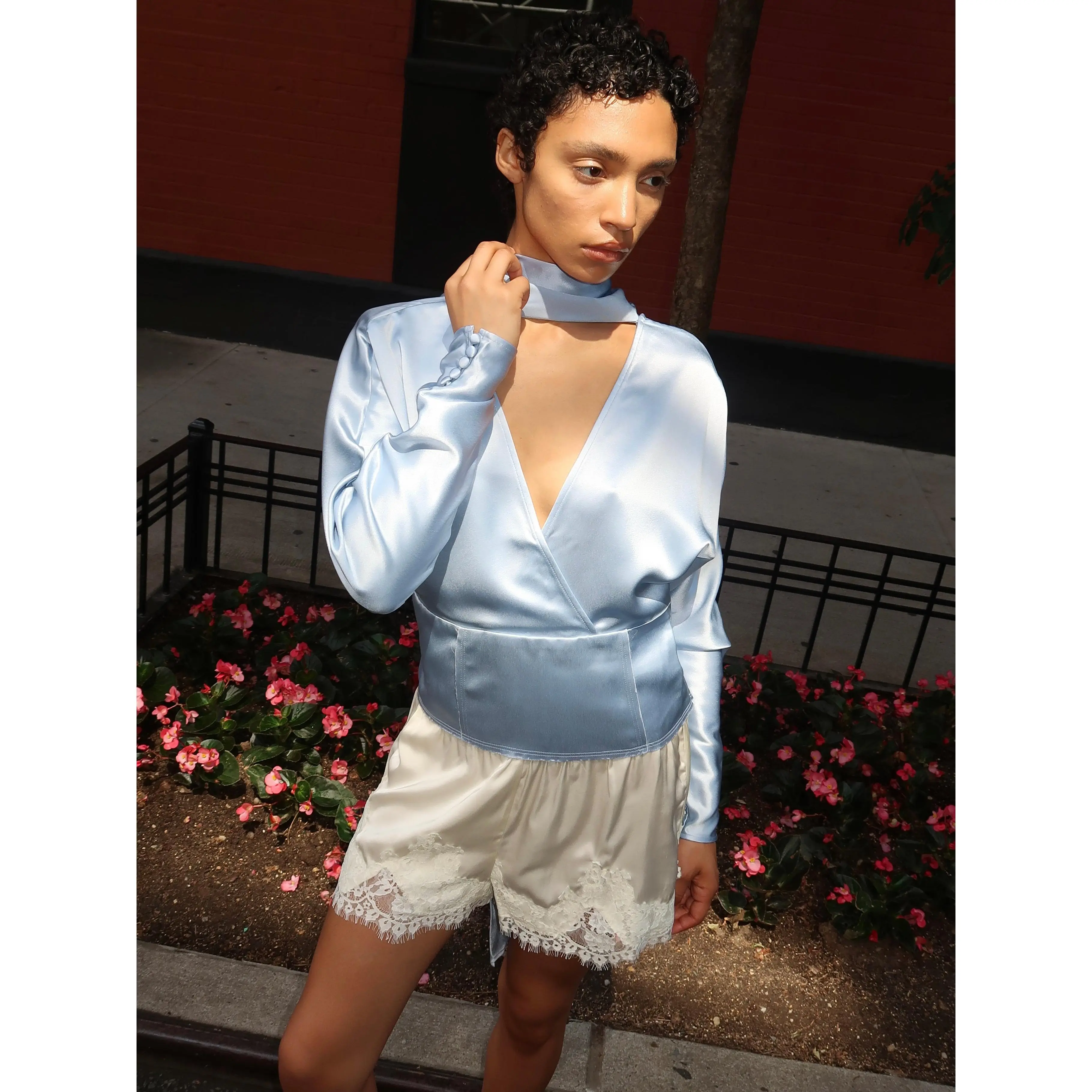 Fluid Satin Kimono Sleeve Scarf Blouse