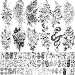 64 Sheets Long Lasting Flower Temporary Fake Tattoos For Women Arm Neck, Jellyfish Sunflower Moon Rose For Adults Girl, 3D Temp Realistic Snake Tatoo Stickers Serpent Peony Floral