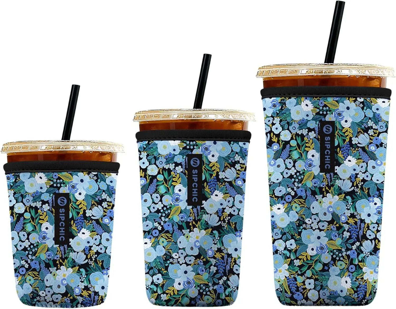 Iced Coffee Sleeve – Neoprene Reusable Cup Sleeves for Drinks, Insulated Drink Sleeves to Keep Hands Dry & Drinks Cold, Stylish & Durable Coffee Sleeves (Frosted Bloom, S/M/L 3-Pack)