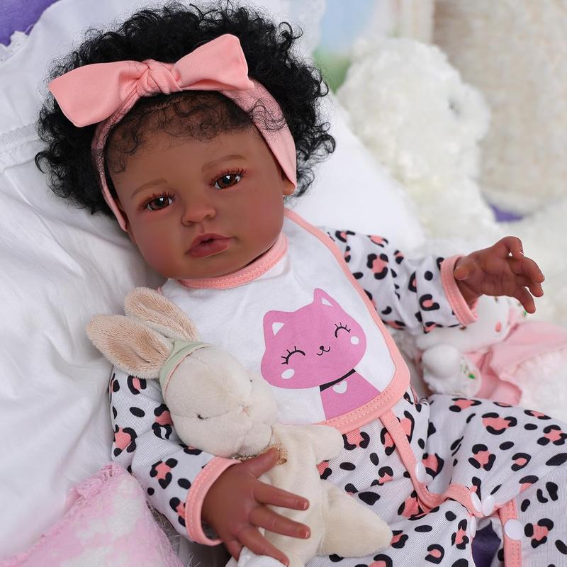 BABESIDE 20" Reborn Doll 8 Piece Set with Cloth Body & Vinyl Dark Skin Includes Gift Box Feeding Accessories Perfect for Christmas New Year Birthday Gift