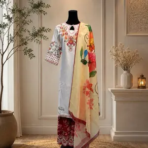 designer dress with floral  embroidery 3-Piece fabric is pure cotton scarf is digital printed organza and the ready-to-wear Womenswear