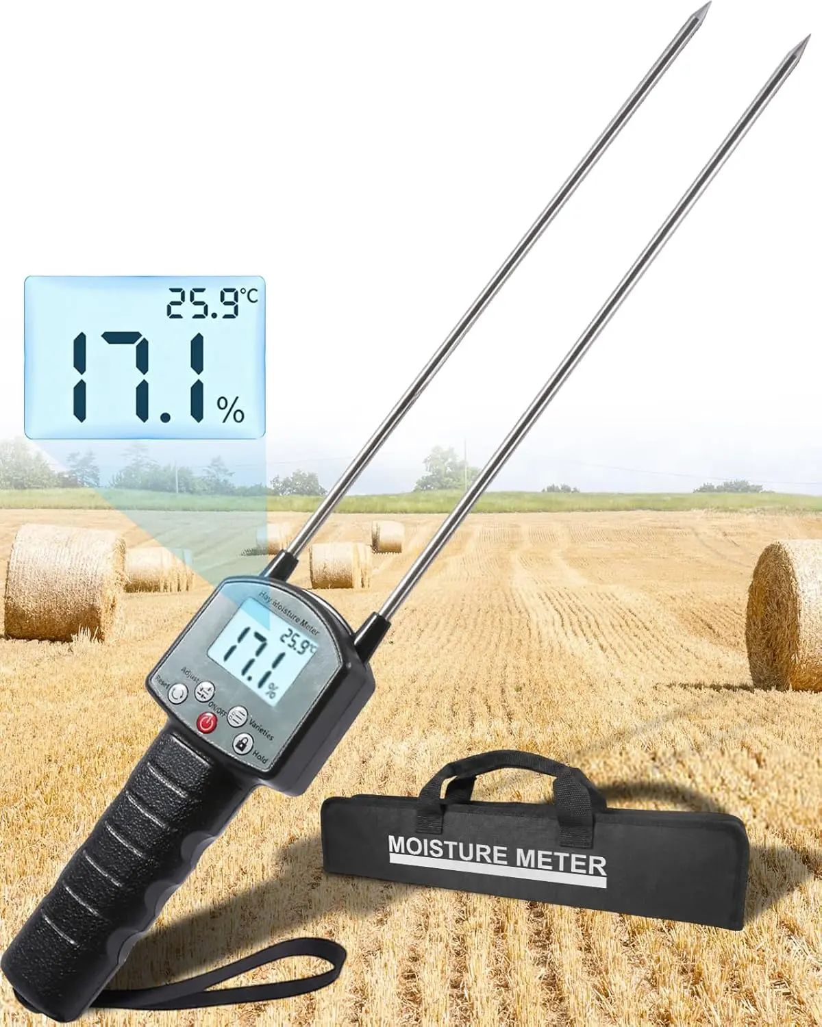 Hay Moisture Tester, High Accuracy Hay Moisture Meter, Bale Moisture Tester with Long Probe, Portable Bale Moisture Meter for Hay Bales, Forage Grass, Alfalfa, Orchard Grass and Other Hays
