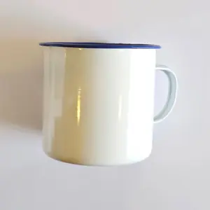 Gode Blan Enamel Mug with Blue Rim and White Body Reusable Coffee Cup for Drinkware Ceramic