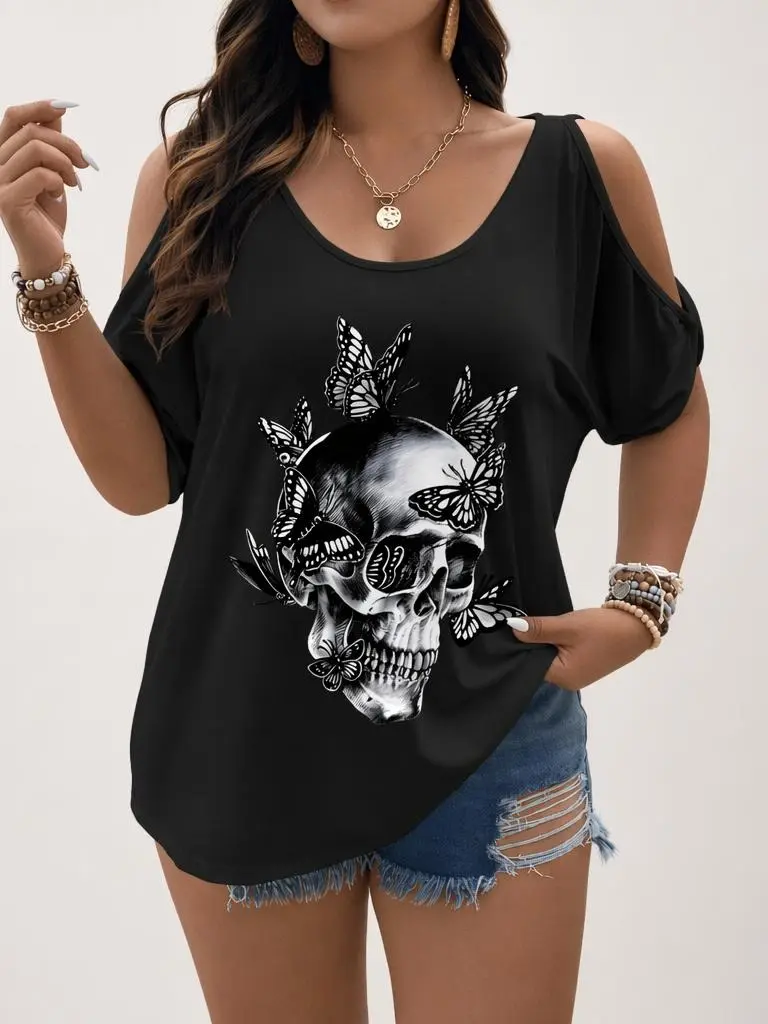 Women's Plus Size Gothic Chic T-Shirt - Oversized Cold Shoulder Sleeveless Top with Butterfly & Skull Graphic, Asymmetrical Hem, Comfortable Casual Party Clothes for Everyday Halloween Use - Perfect Gift for Goth Retro Fashion Enthusiasts