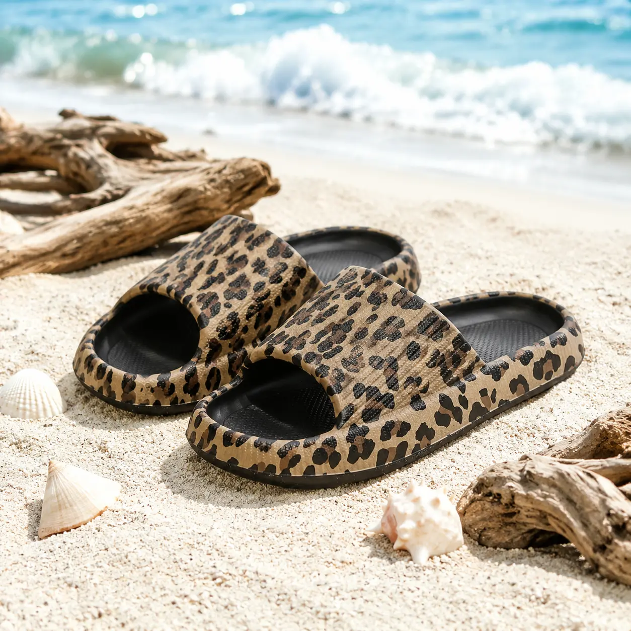 Women's EVA Leopard Print Casual Slippers - Thick-Soled Non-Slip Shoe for Bathroom, Beach Party - Comfortable Women's Footwear
