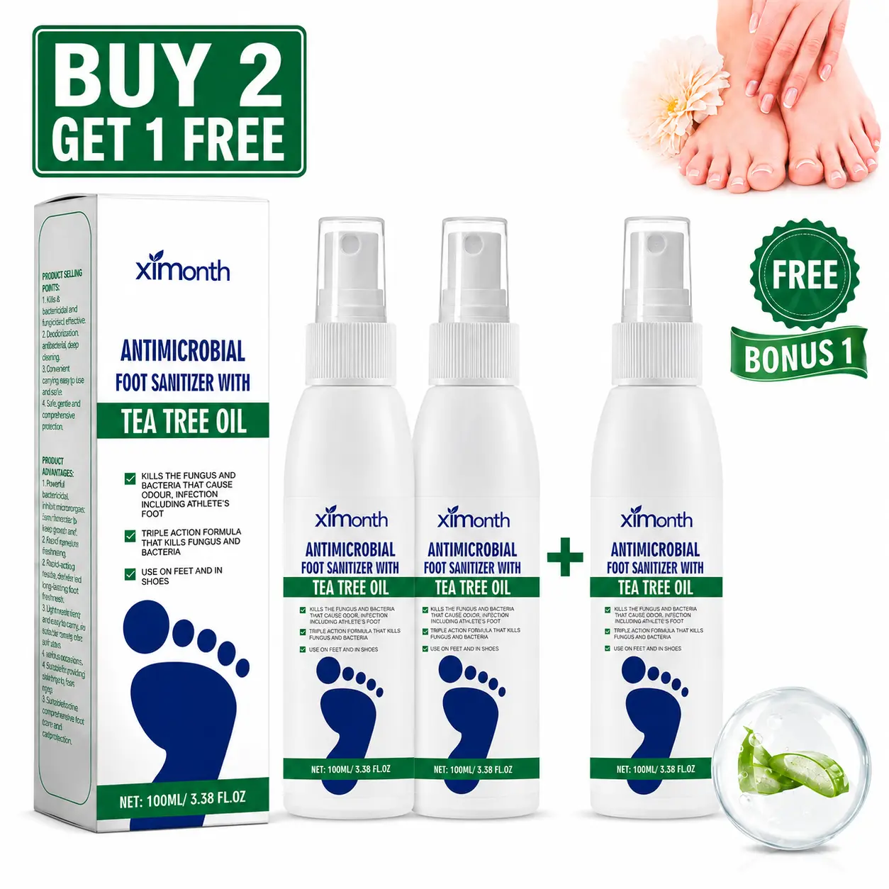 【BUY 2 GET 1 FREE】Ximonth Tea Tree Oil Foot Care Aid Sanitizer Spray - Long-Lasting Aloe Vera Formula, Shoe Deodorizer, Refreshing Comfort for Foot Treatments
