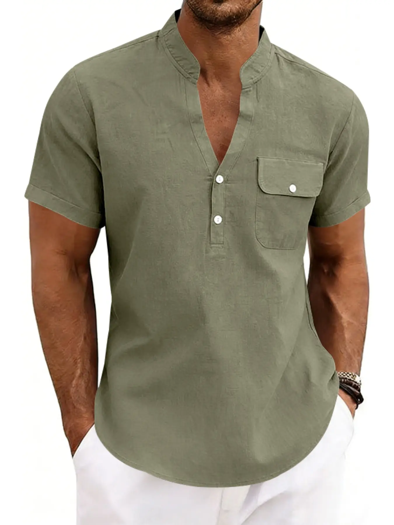 Summer men's linen Henry shirt, Short Sleeves, casual classic Plain solid color style, with pockets, comfortable and soft fashionable for daily wear and beach vacations, Menswear