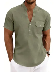 Summer men's linen Henry shirt, Short Sleeves, casual Plain solid color style, with pockets, comfortable and fashionable for daily wear and beach vacations, Menswear