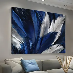Exquisite Wrapped Wooden Framed Canvas Poster - 1pc Dark Blue & Silver Feathers Wall Art for Home or Office Bathroom Decor wall decor posters posters