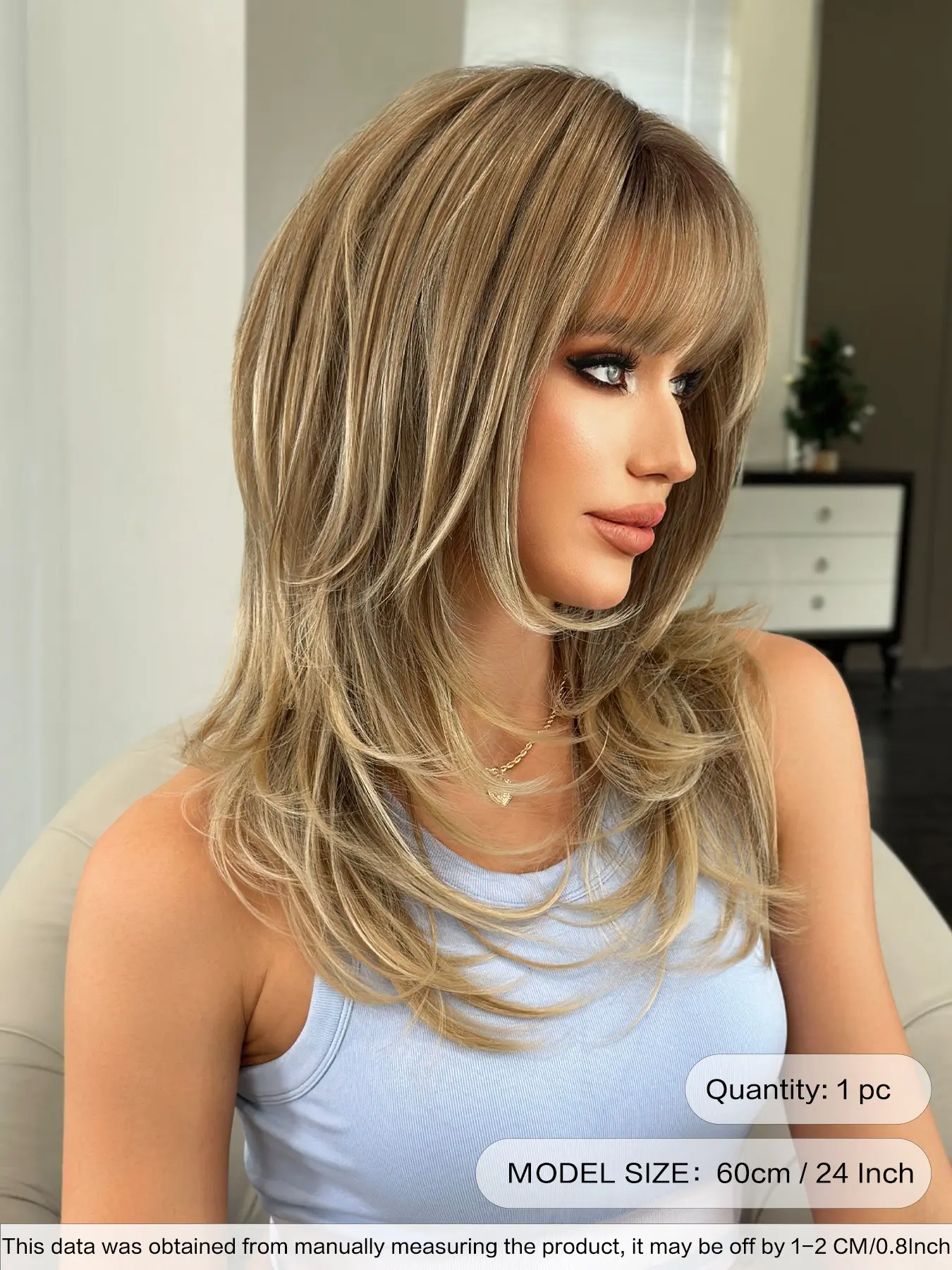 24 inch Straight Wig with Bangs Layered Synthetic Hair Heat Resistant Daily Wear 24 Inch Layered Straight Wig With Curtain Bangs - Dark Brown  main image 2