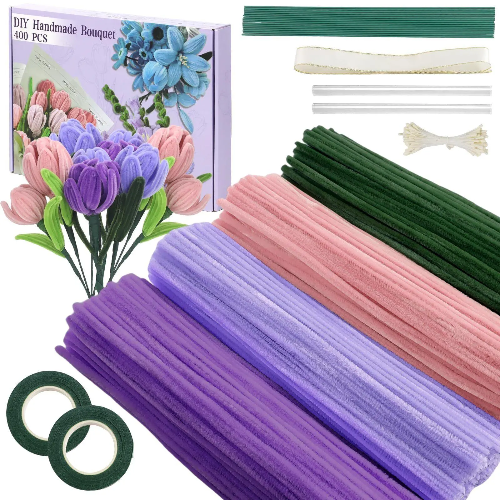 400 Piece Pipe Cleaner Craft Set, 4 Colors Bulk Pipe Cleaners, Chenille Stems for DIY Flower Making Kit, Diy Craft Supplies, Diy Flower Decor, Diy Floral Decoration, Includes Floral Wire, Gardening Tape, Petals, Ribbon