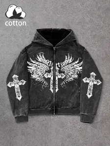 Unisex Gothic Style Dark Wings Cross Print Hooded Sweatshirt, Vintage American Pattern, Long Cotton Zipper Jacket, Streetwear Y2K Casual