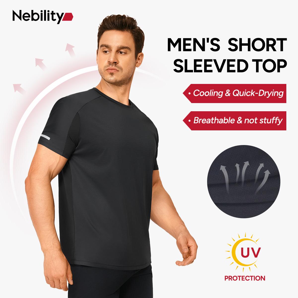 Nebility Men's Workout Shirts Quick Dry Moisture Wicking with Reflective Strips Lightweight Mesh Athletic Tees Comfortable Slim Round Neck for Running Gym Training Summer
