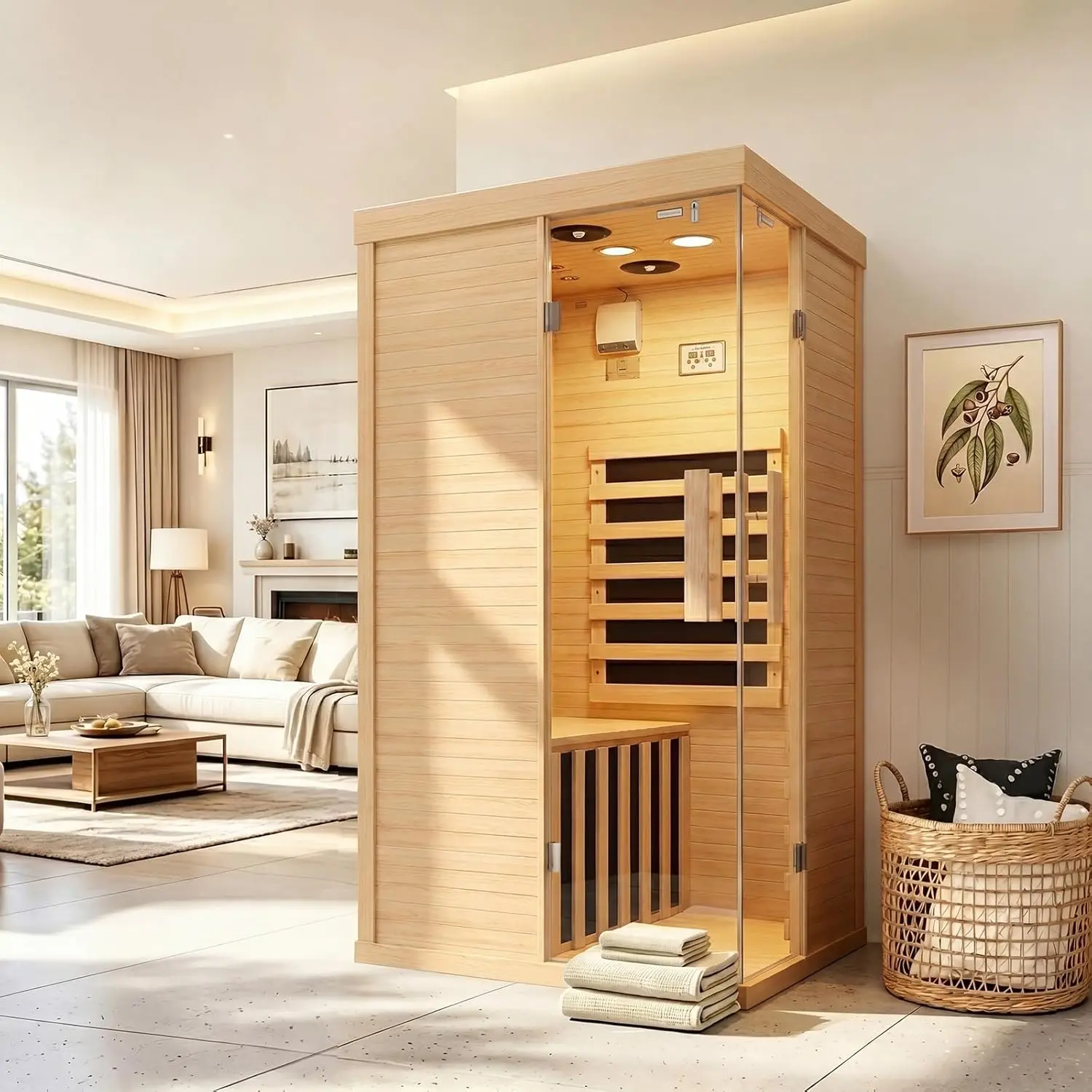 Jolydale 1-Person Low EMF Far Infrared Compact Portable Sauna for Home - 33"x33"x69" Hemlock Indoor Dry Sauna Room with Tempered Glass, Chromotherapy Light, Bluetooth Audio, Heat Relief