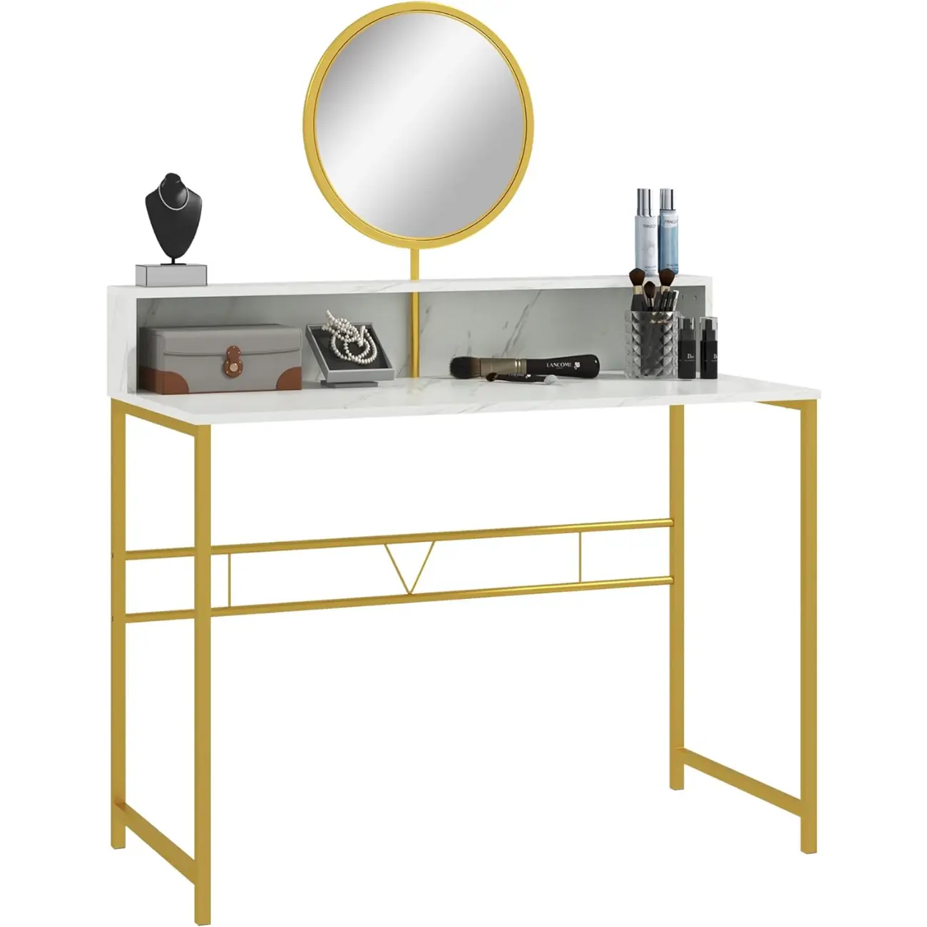 Modern Vanity Makeup Desk with Mirror, Dressing Table with Open Storage, Faux Marble Finish and Steel Frame for Bedroom, White and GoldLight luxury dressing table