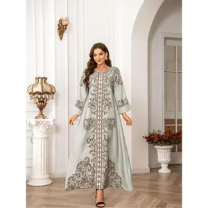 2026 Women'S Ethnic Pattern Faux Pearl Decor Long Dress, Boho Long Sleeve Round Neck Dress For Vacation Holiday Wedding Guest, Ladies Islamic Clothing For All Seasons