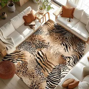 1pc Gold Diamond Velvet Zebra Leopard Patchwork Rug, Modern Simple Living Room Bedroom Decor Mat, Soft Comfort Anti-Slip Wear-Resistant