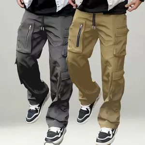 Men's Casual Functional Tactical Cargo Trousers - High-Quality Wear-Resistant Fabric, Anti-Theft Zippered Pockets, Loose Wide-Leg Plain Straight Pants, for Outdoor & Street Use,summervibes