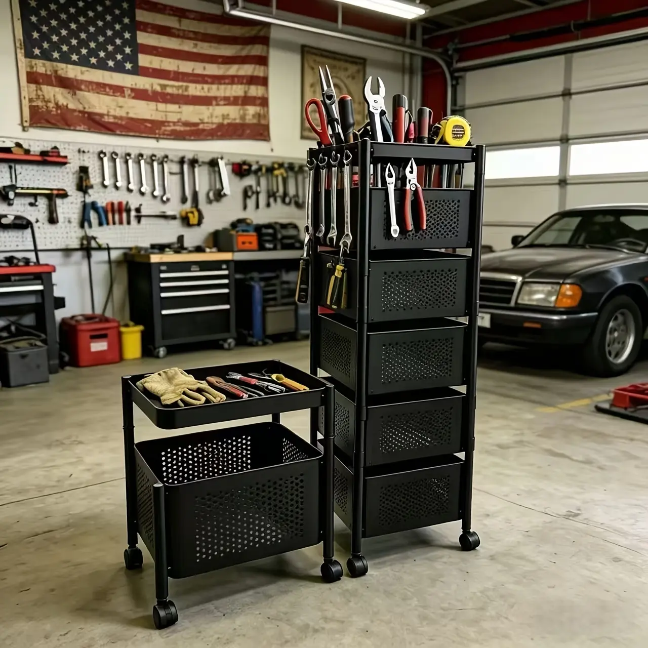 Single-layer/5-layer easy-access rotating tool rack, wheeled garage tool cart, multi-layer metal mesh workshop tool storage rack