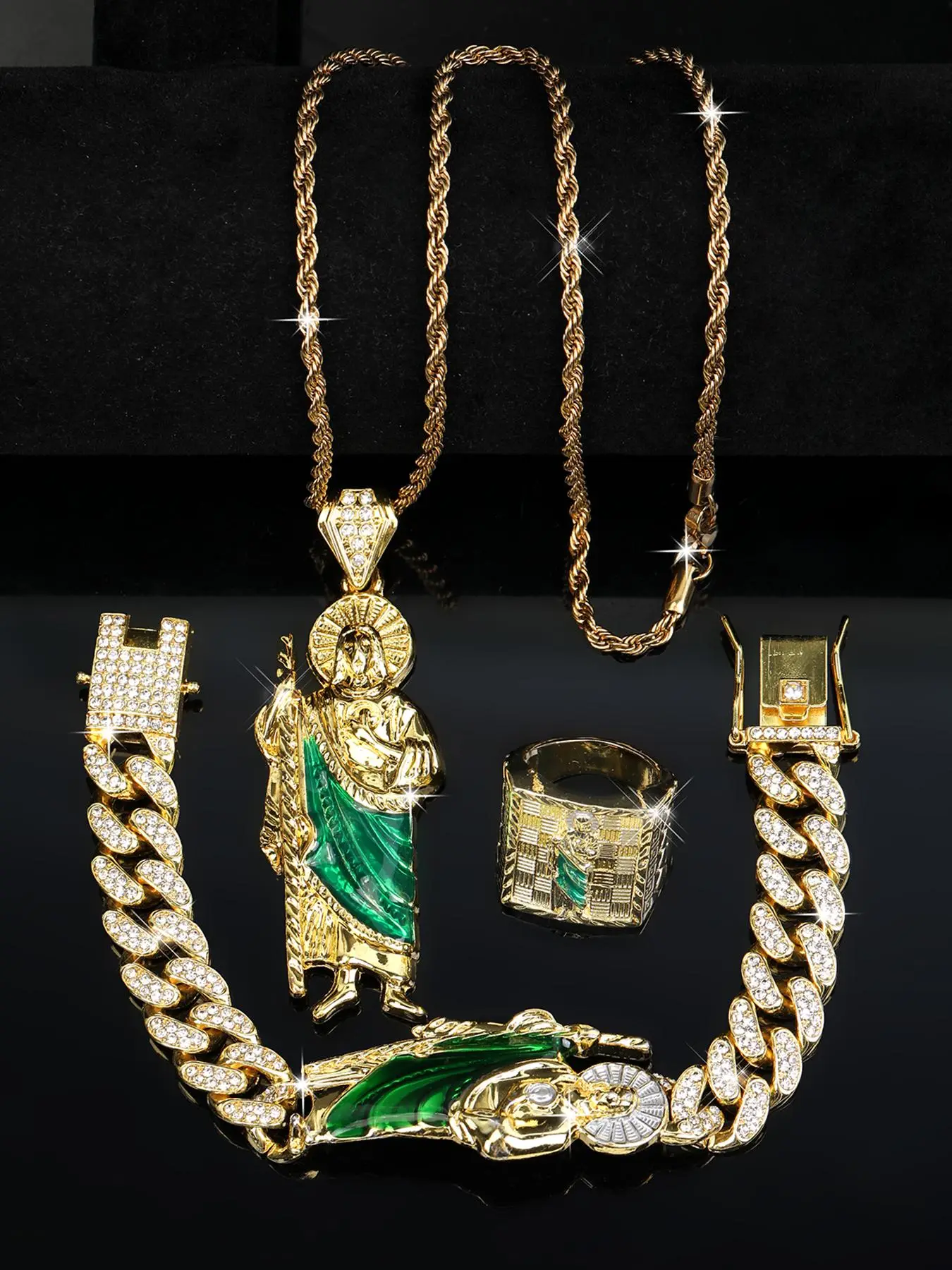 Men's Saint Jude Jewelry Set, Including Necklace & Bracelet & Ring, Rhinestone Decor Jewelry Set for Party, Daily Clothing Decor, Trendy Jewelry for B