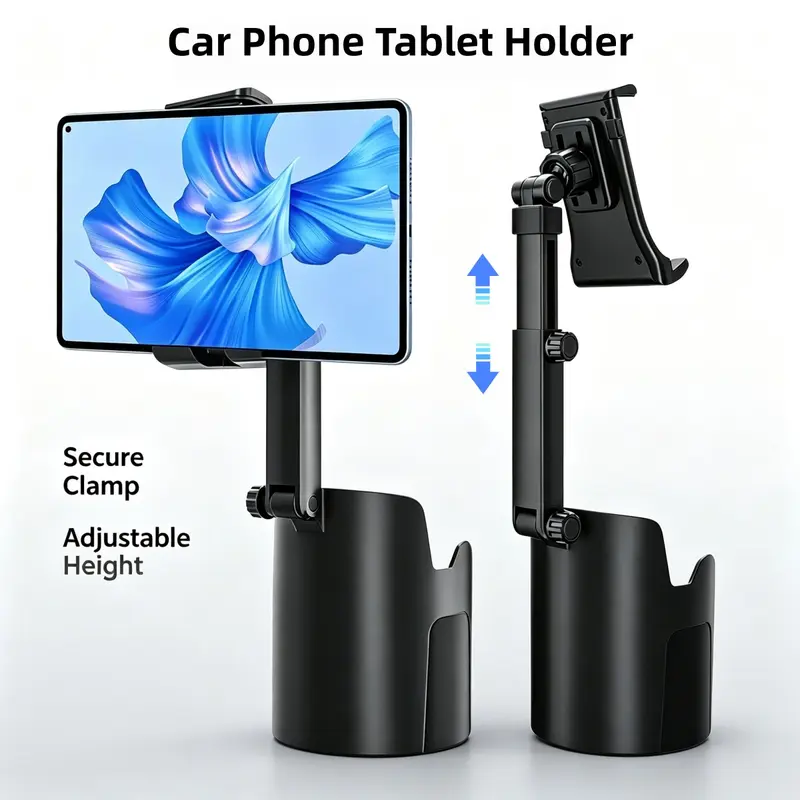 2 in 1 Car Phone Tablet Holder with Bottles Drinks Cup Holder, 360° Rotation Height Adjustable Telescopic Rod Car Cup Phone Tablet Holder & Water Bottle Coffee Mount, Universal For iPad Air iPhone 17 16 15 14 13 12 Pro Max Samsung Galaxy