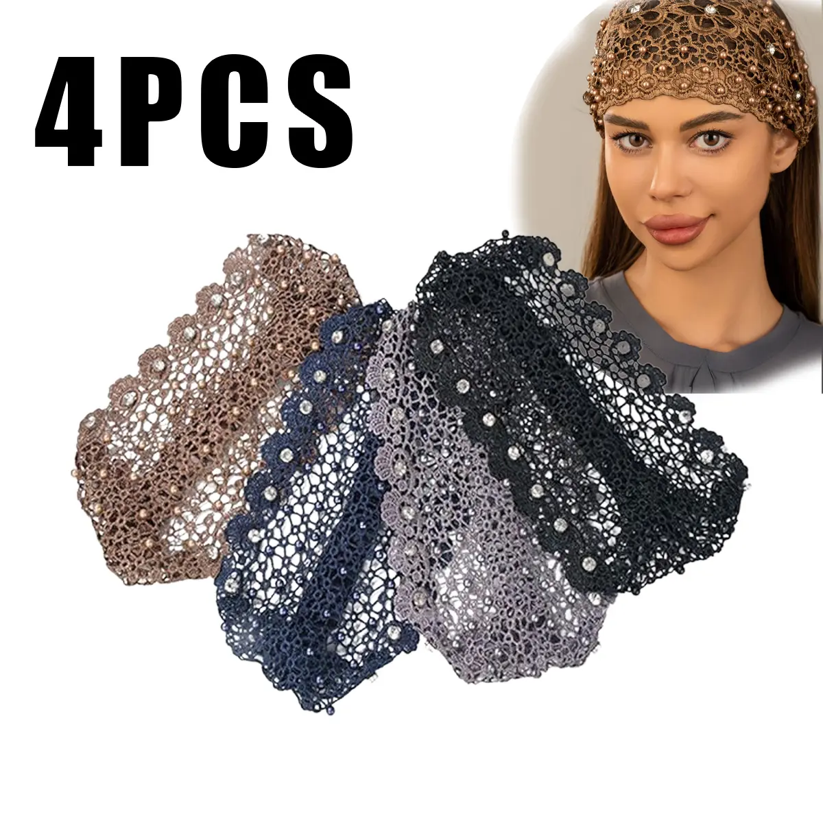 Elegant Floral Lace Beaded Crystal Headband Set - Polyester Hollow Elastic Festive Colorful Accessory - Solid Pattern Bridal Wedding Jewelry with Diamonds for Summer, Assorted Colored Novelty Headband Accessory, Assorted Colored Accessories, Crystal Headb