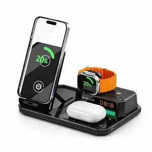 6-in-1 Wireless Charging Station with Box Speaker, 15W Fast Charger, RGB Mood Light, Digital Clock, Adjustable Cable for iPhone 15/14/13, Apple Watch, AirPods, Mobile/Cellphone, Electronic Devices, Portable USB Charger