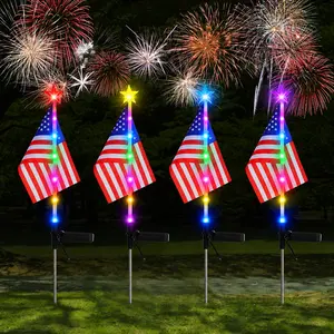 2pcs Solar Powered LED Lighting+USA Flag,July 4Th Outdoor Decorative Lights, Patriotic Theme, Red, White, And Blue National Flag Shaped Solar Lights, 7 Colors Changing Star Solar Light Suitable for Patios, Paths, Lawns, Cemeteries,Garden,Holiday,Christmas
