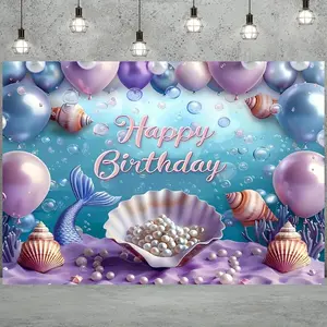 Mermaid Themed Birthday Party Backdrop, 1 Count Ocean Pearl Shell Pattern Banner, Birthday Party Decoration, Photography Background, Wall Decoration