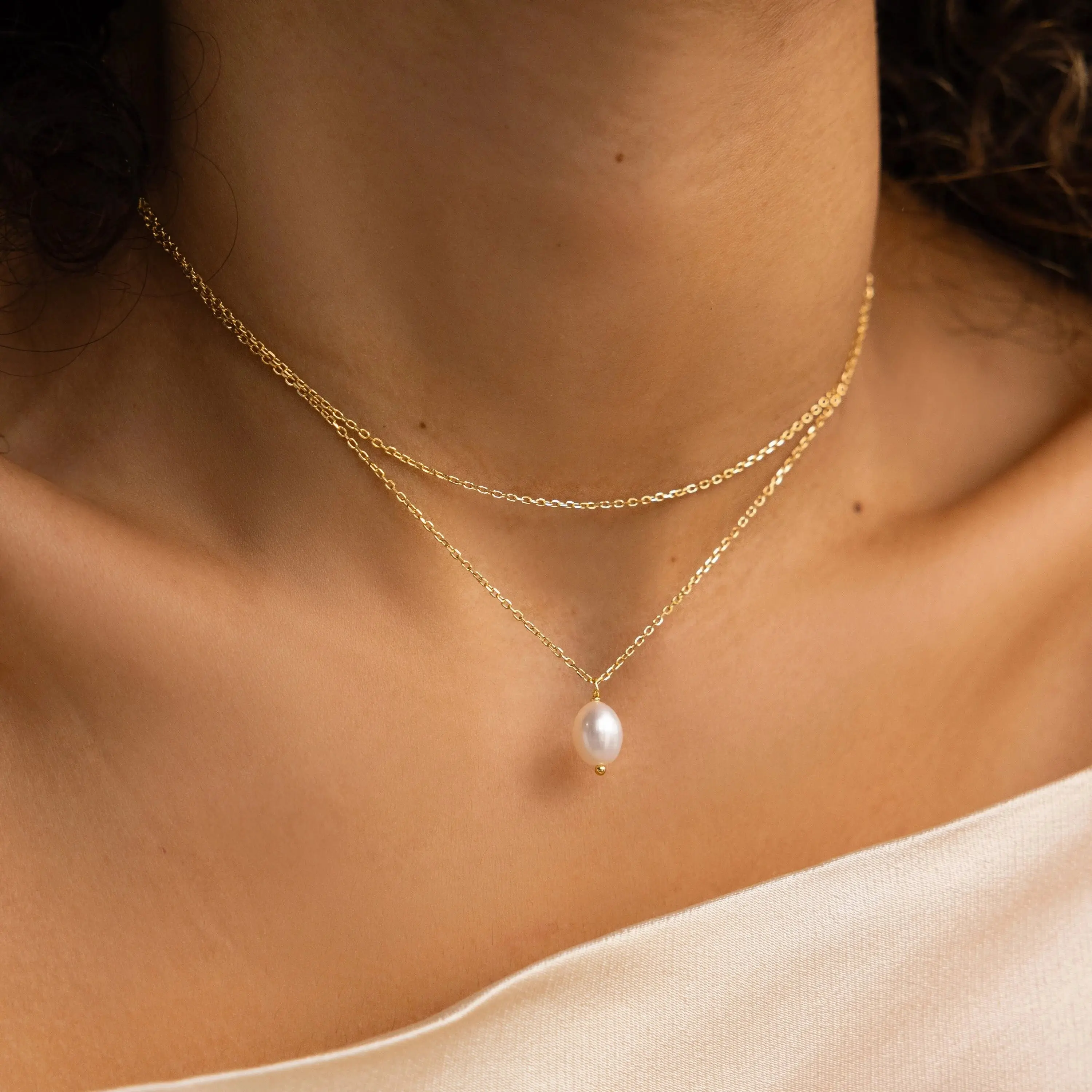 Duo Chain Pearl Necklace by Caitlyn Minimalist - Dainty Choker & Gemstone Pendant Necklace - Layered Chain Necklace - Pearl Jewelry - Gift for Her