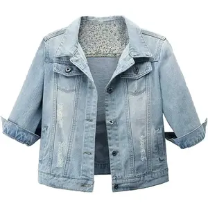 Women autumn 3/4 sleeve retro short denim jackets light blue jean coats