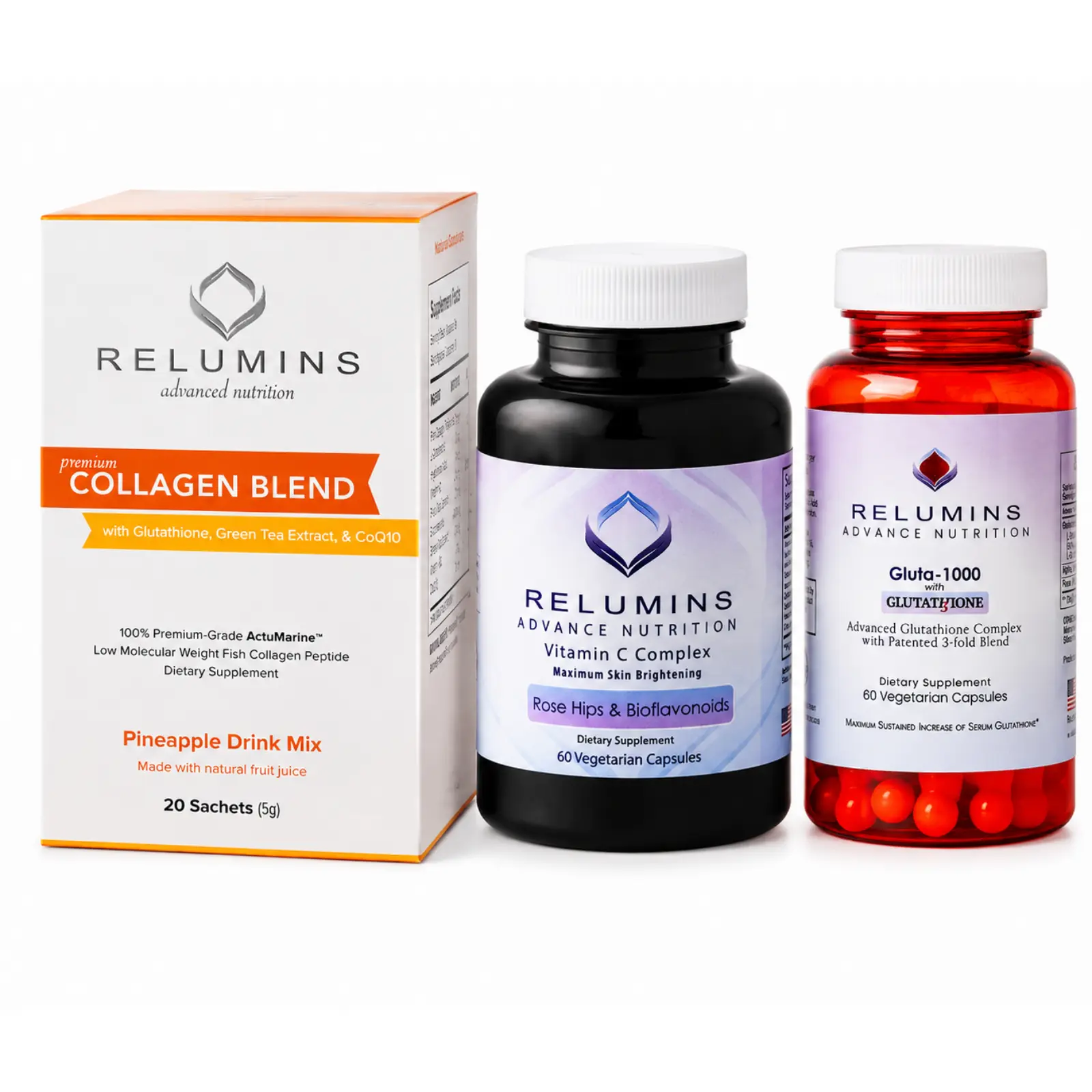 Relumins Premium Summer Glow Set – Collagen Pineapple, Glutathione 1000mg & Vitamin C – Antioxidant Support for Skin Health & Overall Wellness – 3-in-1 Beauty & Wellness Kit
