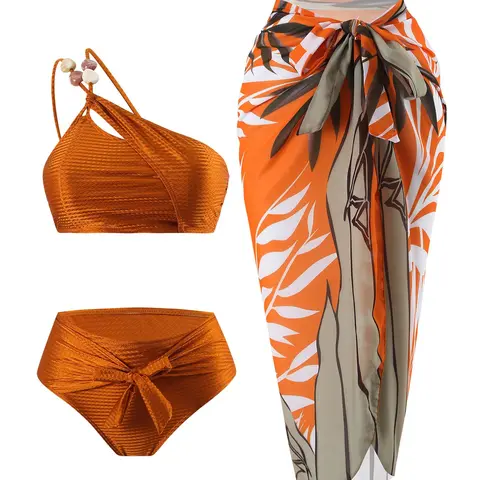 Three-Piece Set Women's Leaf Print One Shoulder Swimsuit Set, Asymmetrical Design Swim Top & Knot Front Swim Bottom & Cover Up Skirt Set, Swimwear for Beach Holiday Vacation, Bikinis Sets, Bathing Suits Set, Swimsuits Summer, Beach Swimwear Clothes